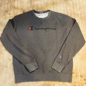 Champion Dark Gray Crewneck Sweatshirt with Black Logo and Red Accent